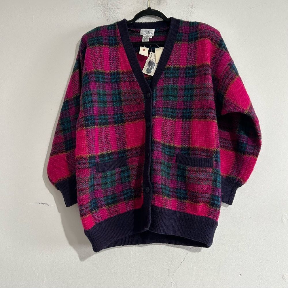 Vintage Deadstock Pink Purple Plaid Cardigan Sweater Large Preppy Academia